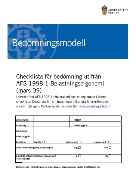 Checklista för bedömning utifrån AFS 1998:01 - Avfall Sverige