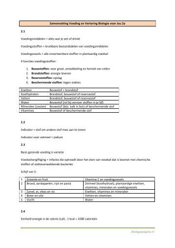 Biologiepagina.nl Samenvatting Voeding en Vertering Biologie voor ...