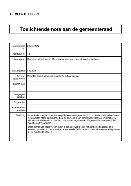 Toelichtende nota aan de gemeenteraad - Gemeente Essen