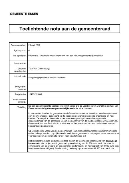 Toelichtende nota aan de gemeenteraad - Gemeente Essen