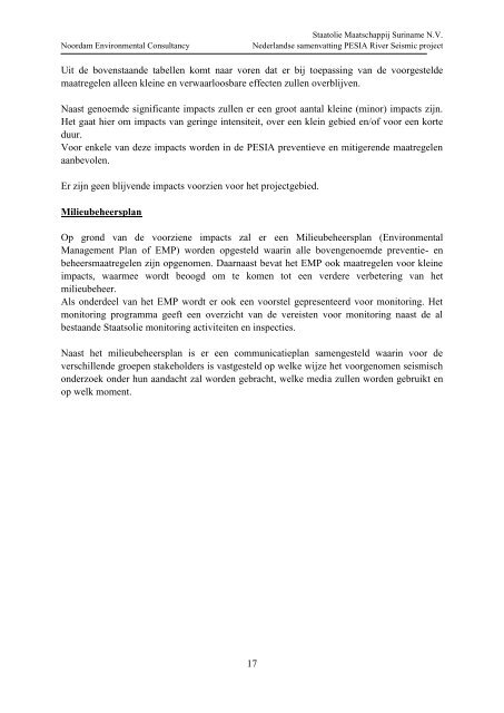 Samenvatting River Seismic Project. - Staatsolie