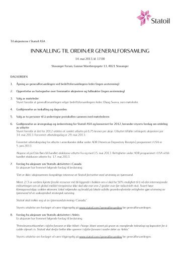 Innkalling til ordinær generalforsamling 2013 - Statoil