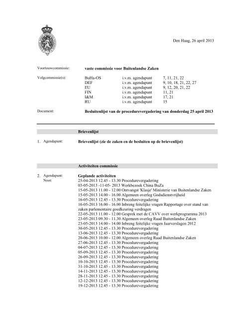 Besluitenlijst pv Buitenlandse Zaken 25 april 2013 - Tweede Kamer
