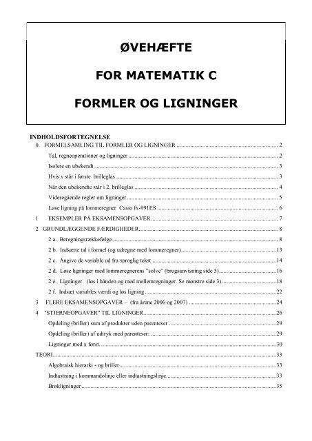 ØVEHÆFTE FOR MATEMATIK C FORMLER OG LIGNINGER