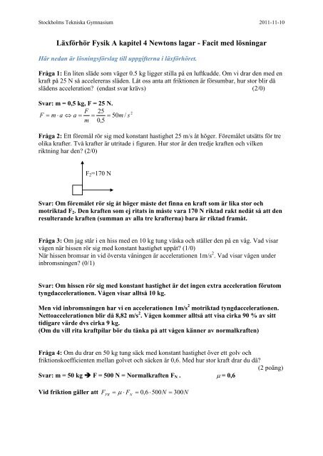 Läxförhör Fysik A kapitel 4 Newtons lagar - Facit med ... - Wikiskola