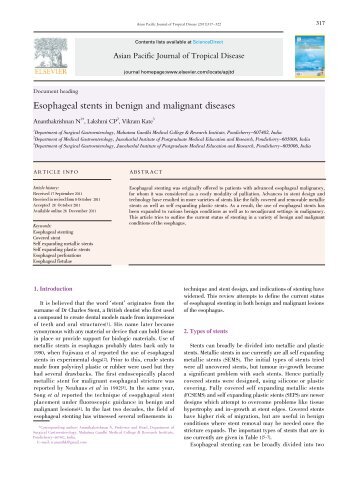 Esophageal stents in benign and malignant diseases - Asian Pacific ...