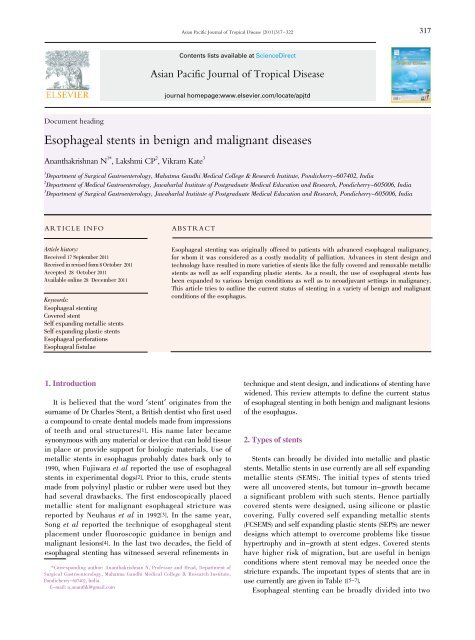 Esophageal stents in benign and malignant diseases - Asian Pacific ...
