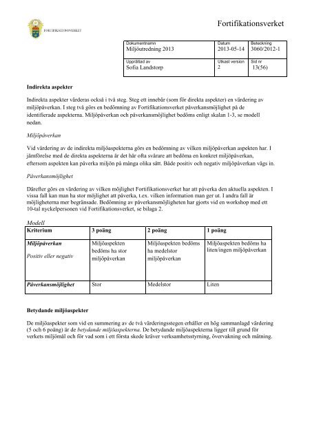 Miljöutredning 2013 (.pdf) - Fortifikationsverket