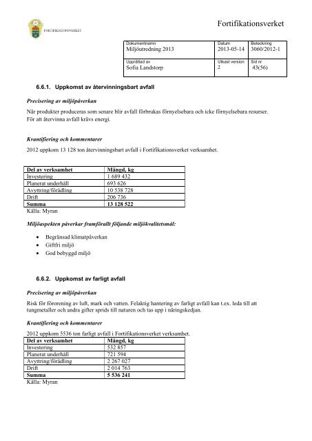 Miljöutredning 2013 (.pdf) - Fortifikationsverket