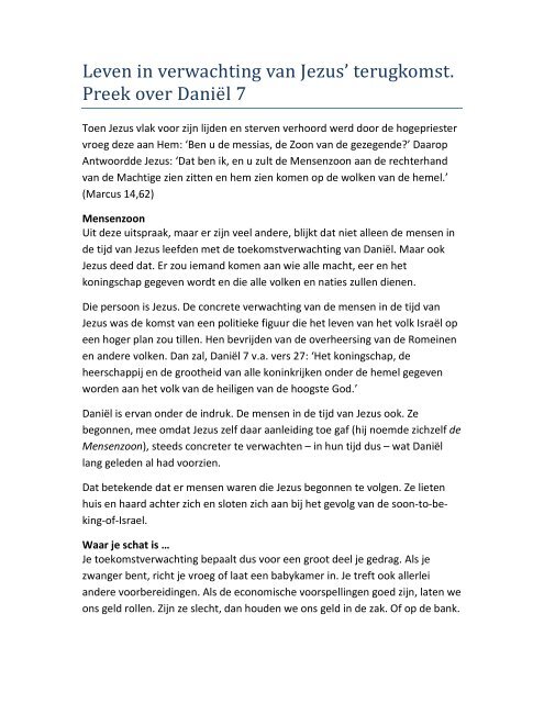 Leven in verwachting van Jezus' terugkomst. Preek over Daniël 7