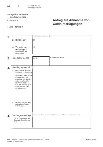 Hinterlegungsantrag und Annahmeanordnung - Landgericht Karlsruhe