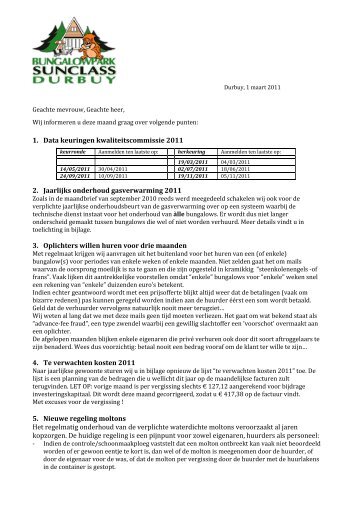 1. Data keuringen kwaliteitscommissie 2011 2. Jaarlijks onderhoud ...