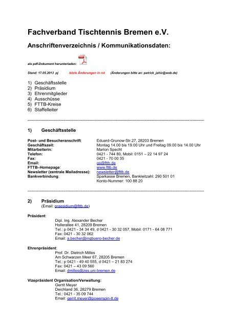 Fachverband Tischtennis Bremen eV Anschriftenverzeichnis
