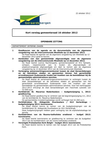 Kort verslag gemeenteraad 16 oktober 2012 - Stad Geraardsbergen