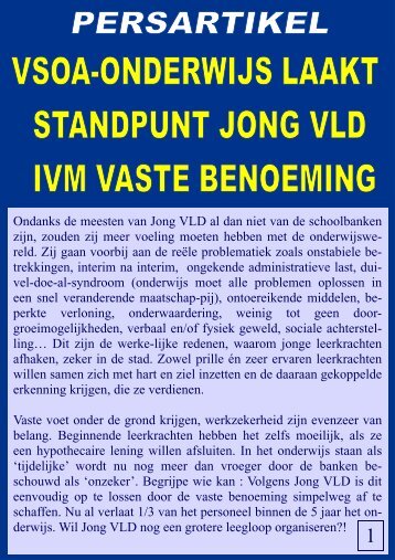VSOA-Onderwijs laakt standpunt Jong VLD ivm. vaste benoeming