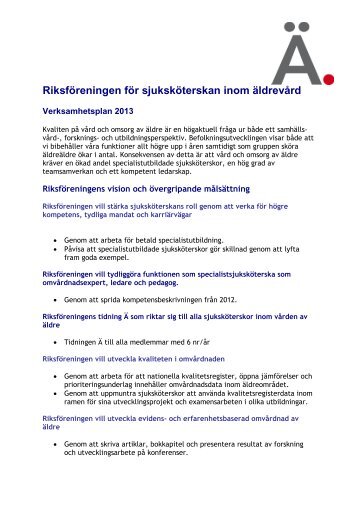 Verksamhetsplan 2013 - Svensk sjuksköterskeförening