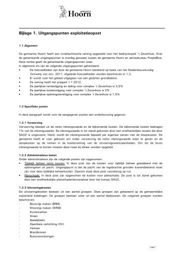 Bijlage 1. Uitgangspunten exploitatieopzet - Gemeente Hoorn
