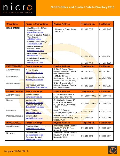 NICRO Office and Contact Details Directory 2013