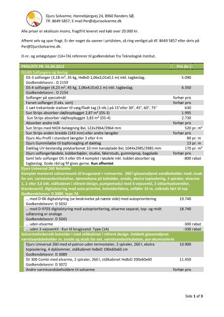 Prisliste for løsdele - Djurs Solvarme