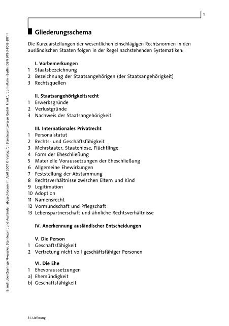 Gliederungsschema Verlag für Standesamtswesen