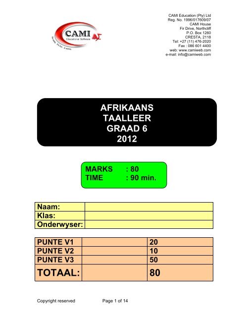Grade 6 Afrikaans Paper 2012 Memo CAMI EDUCATION
