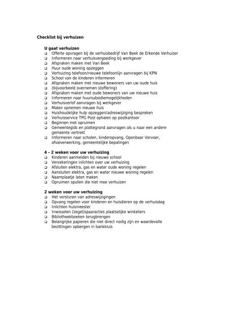 Checklist bij verhuizen - Verhuisbedrijf Van Beek B.V.