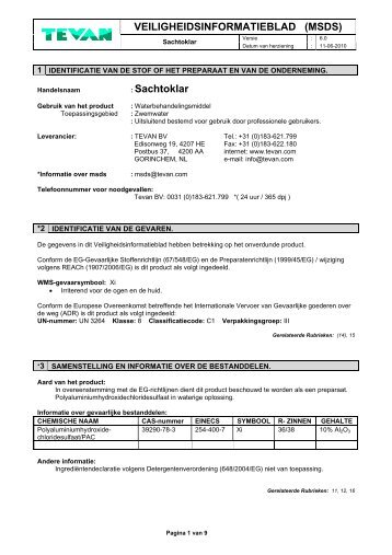 VEILIGHEIDSINFORMATIEBLAD (MSDS) : Sachtoklar - Tevan