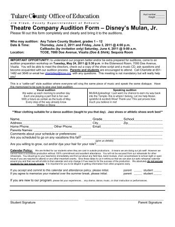 Theatre Company Audition Form Disneys Mulan, Jr.