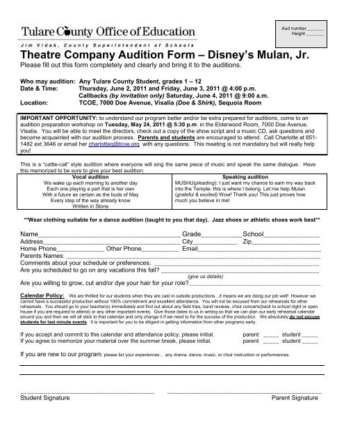 Theatre Company Audition Form Disneys Mulan, Jr.