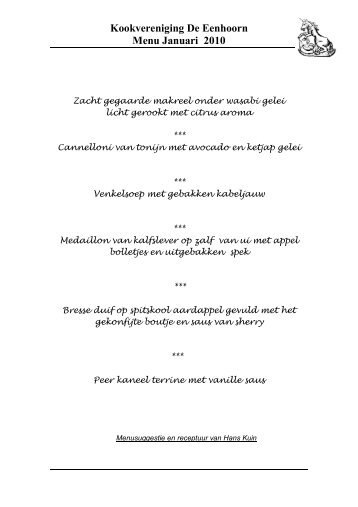 Kookvereniging De Eenhoorn Menu Januari 2010