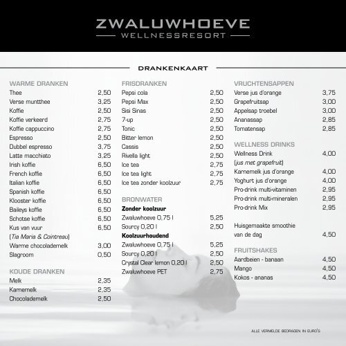 Voorhuys menukaart - Zwaluwhoeve