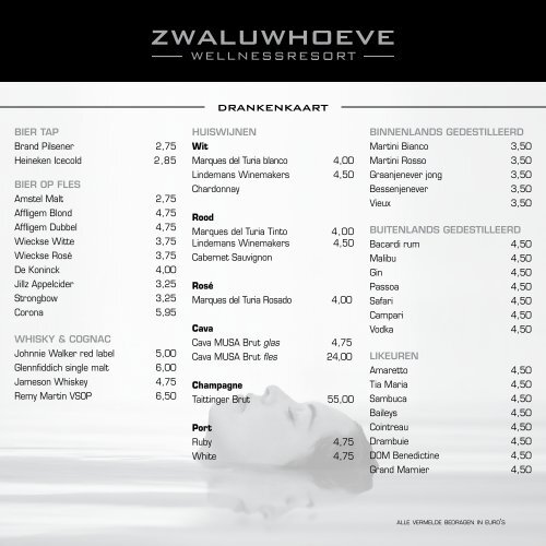 Voorhuys menukaart - Zwaluwhoeve