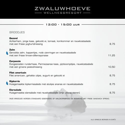 Voorhuys menukaart - Zwaluwhoeve