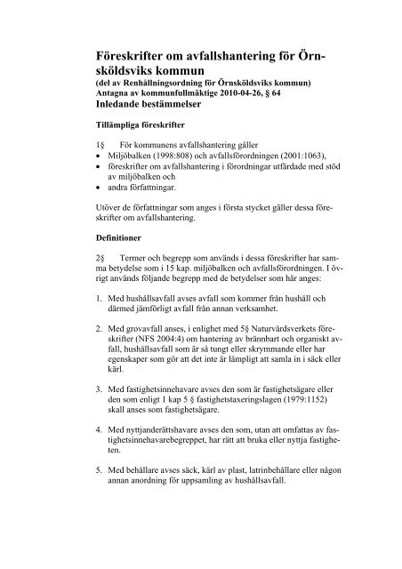 Föreskrifter om avfallshantering för Örnsköldsviks kommun