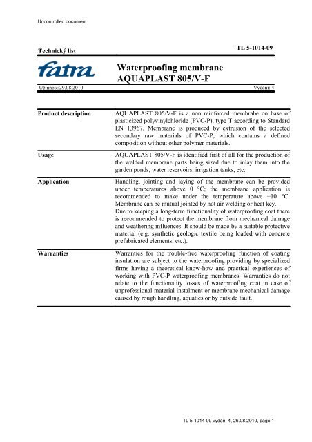 Waterproofing membrane AQUAPLAST 805/V-F - Fatrafol