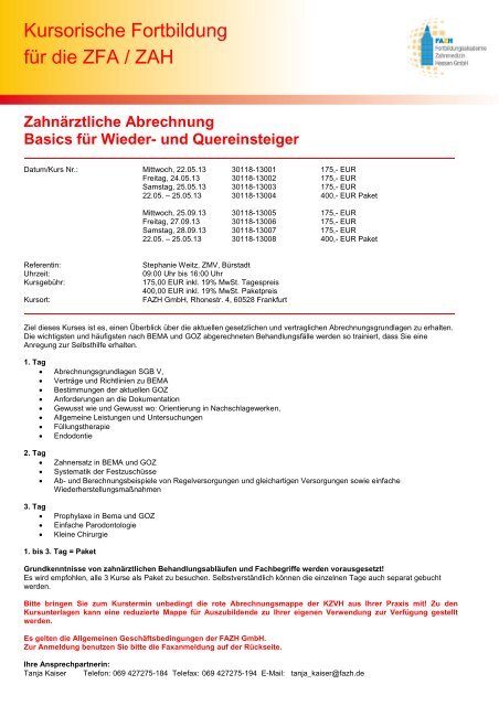 Kursorische Fortbildung für die ZFA / ZAH