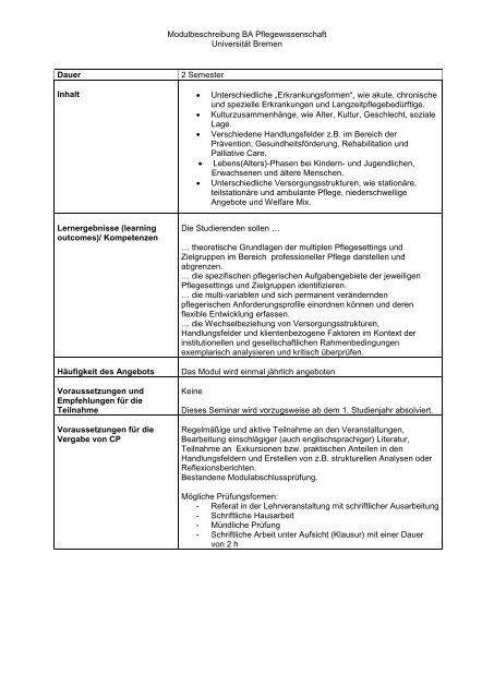 Bachelor of Arts Pflegewissenschaft - Universität Bremen