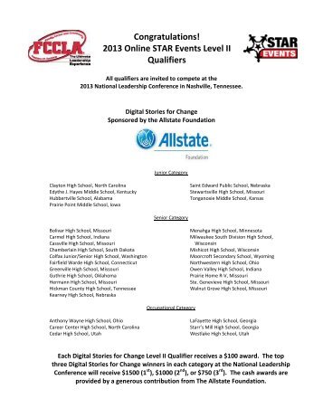 Congratulations! 2013 Online STAR Events Level II Qualifiers - fccla