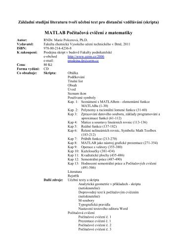 MATLAB Počítačová cvičení z matematiky - Fakulta chemická