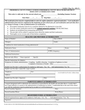 Medication Authorization Form - Frederick County Public Schools