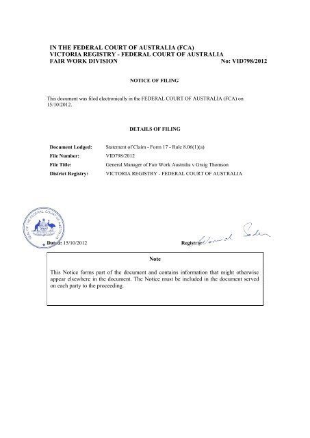 Statement Of Claim Federal Court Of Australia