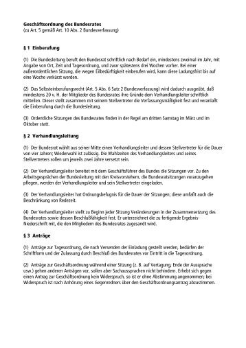 Geschäftsordnung des Bundesrates (zu Art. 5 gemäß Art. 10 Abs. 2 ...