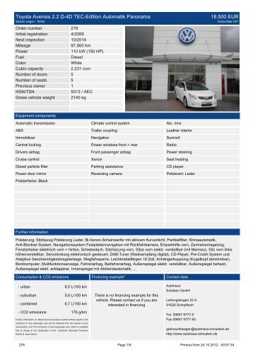 Toyota Avensis 2.2 D-4D Tec-Edition Automatik Panorama 19.980 ...