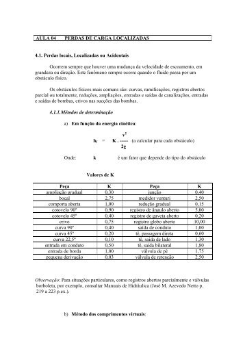 AULA 04 PERDAS DE CARGA LOCALIZADAS 4.1. Perdas locais ...