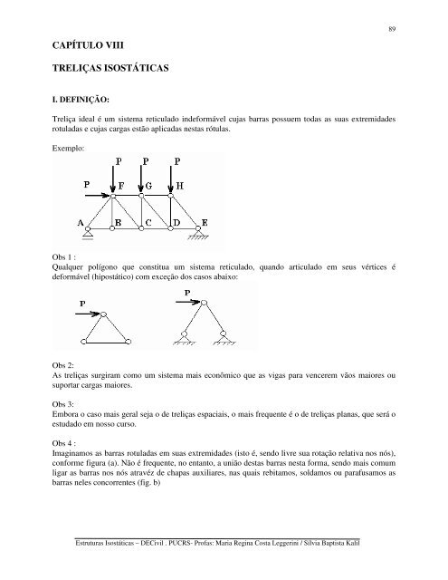 CAPÍTULO VIII TRELIÇAS ISOSTÁTICAS - pucrs