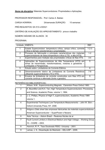 Nome da disciplina: Materiais Supercondutores ... - FEEC - Unicamp