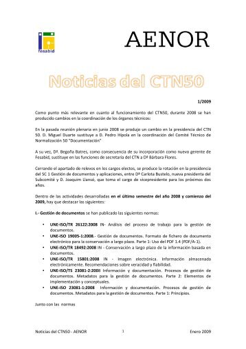 Noticias del CTN50 - AENOR - Enero 2009 - Fesabid