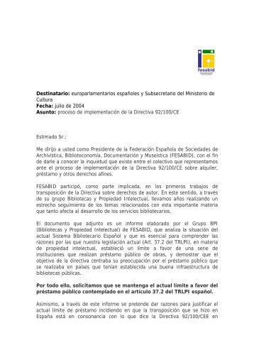 Préstamo público de documentos/Carta a ... - Fesabid