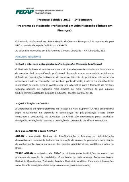 Processo Seletivo 2013 – 1º Semestre Programa de ... - Fecap