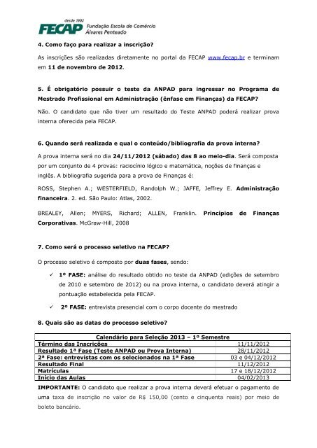 Processo Seletivo 2013 – 1º Semestre Programa de ... - Fecap